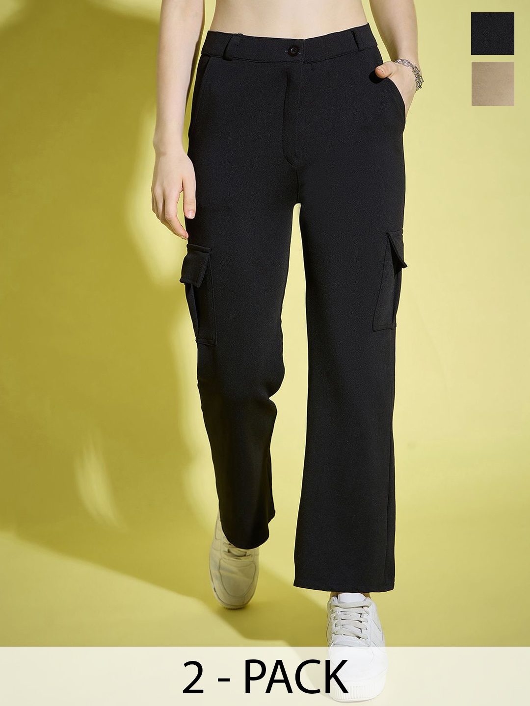 

DIMPY GARMENTS Women Relaxed High-Rise Cargos Trousers, Black
