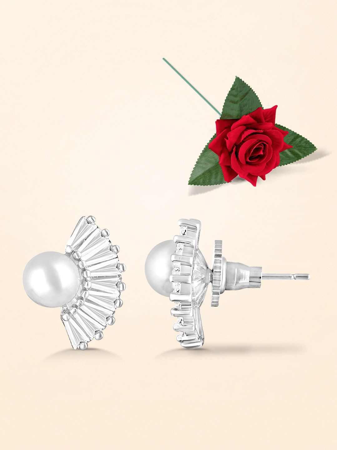 

Peora Silver Plated Pearls And Cubic Zirconia Studded Contemporary Studs With One Rose Box