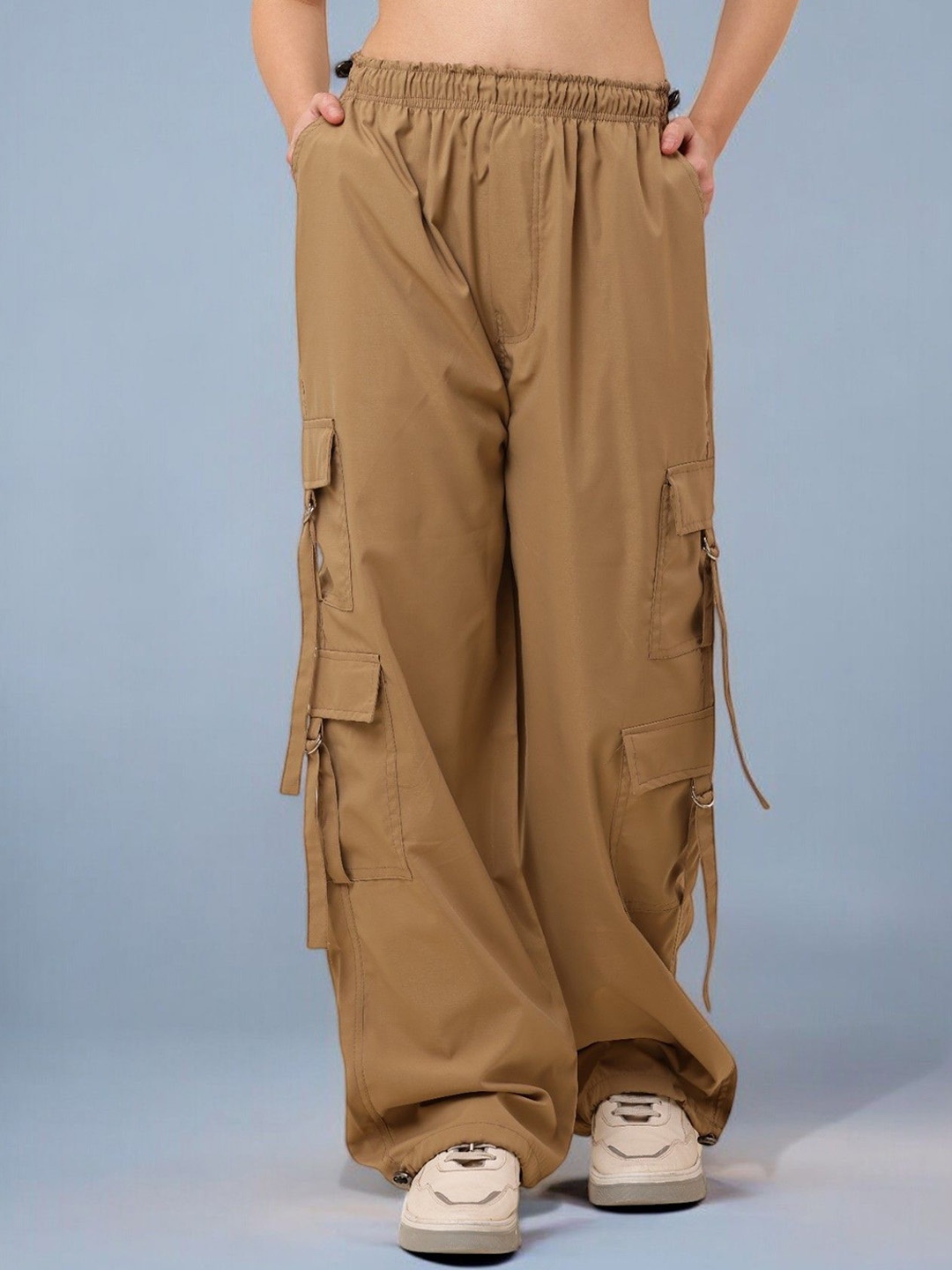 

SQew Women Comfort Loose Fit High-Rise Wrinkle Free Cargos Trousers, Tan