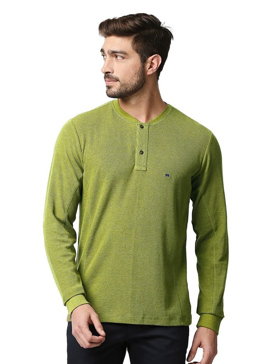 

Basics Men Solid Henley Neck Cotton Boxy T-shirt, Green