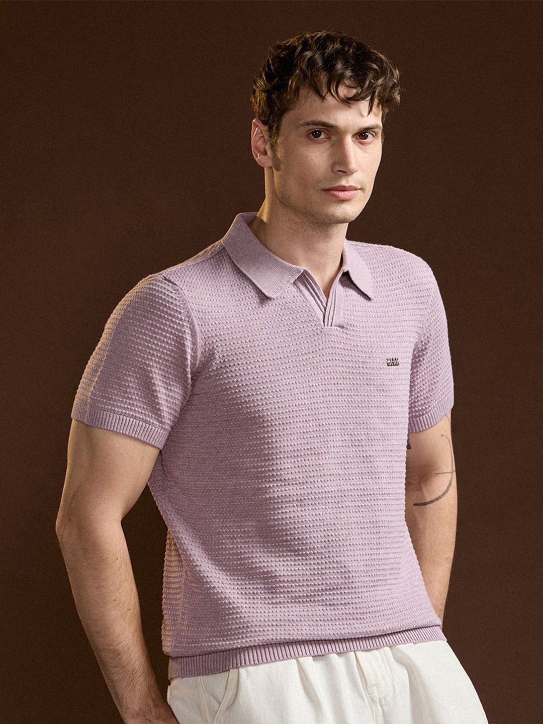 

THE BEAR HOUSE Men Self Design Polo Collar Cotton Slim Fit T-shirt, Purple