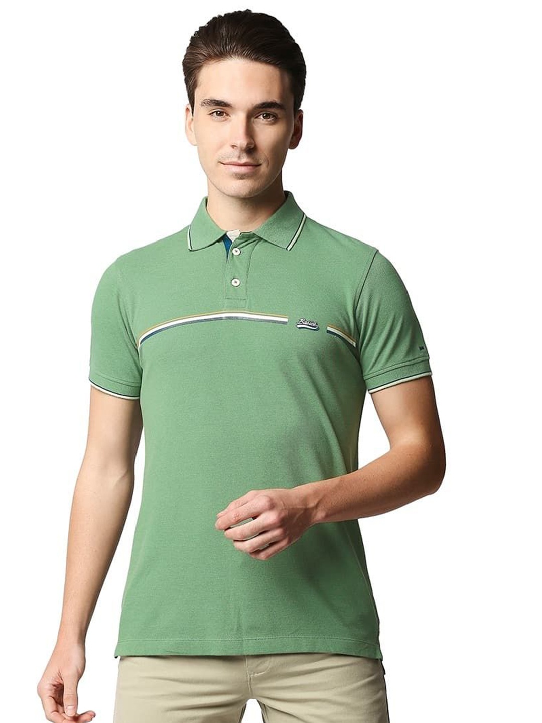 

Basics Men Striped Polo Collar Cotton Boxy T-shirt, Green