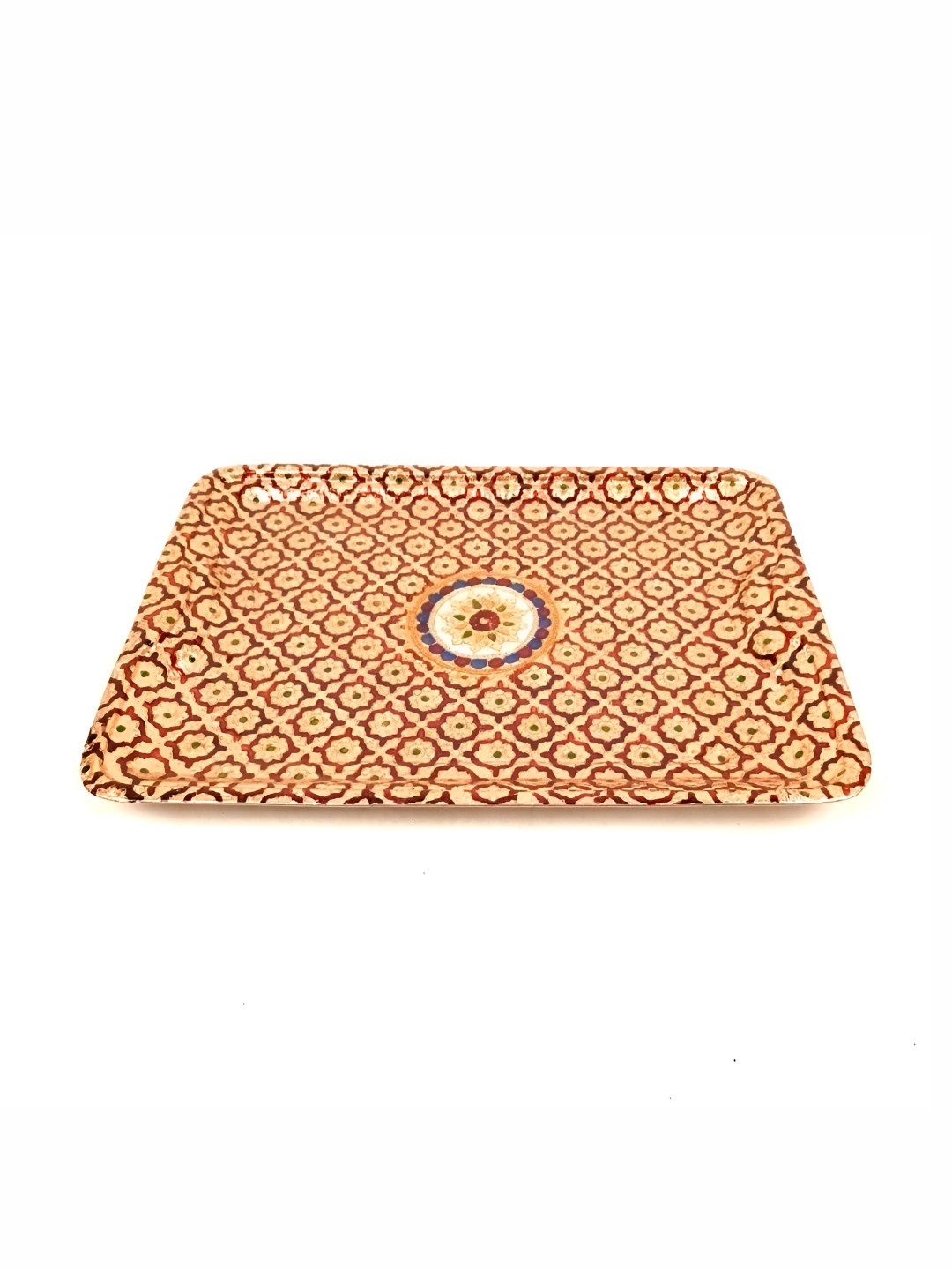 

apka mart Gold-Toned & Brown Meenakari Printed Stainless Steel Serving Tray