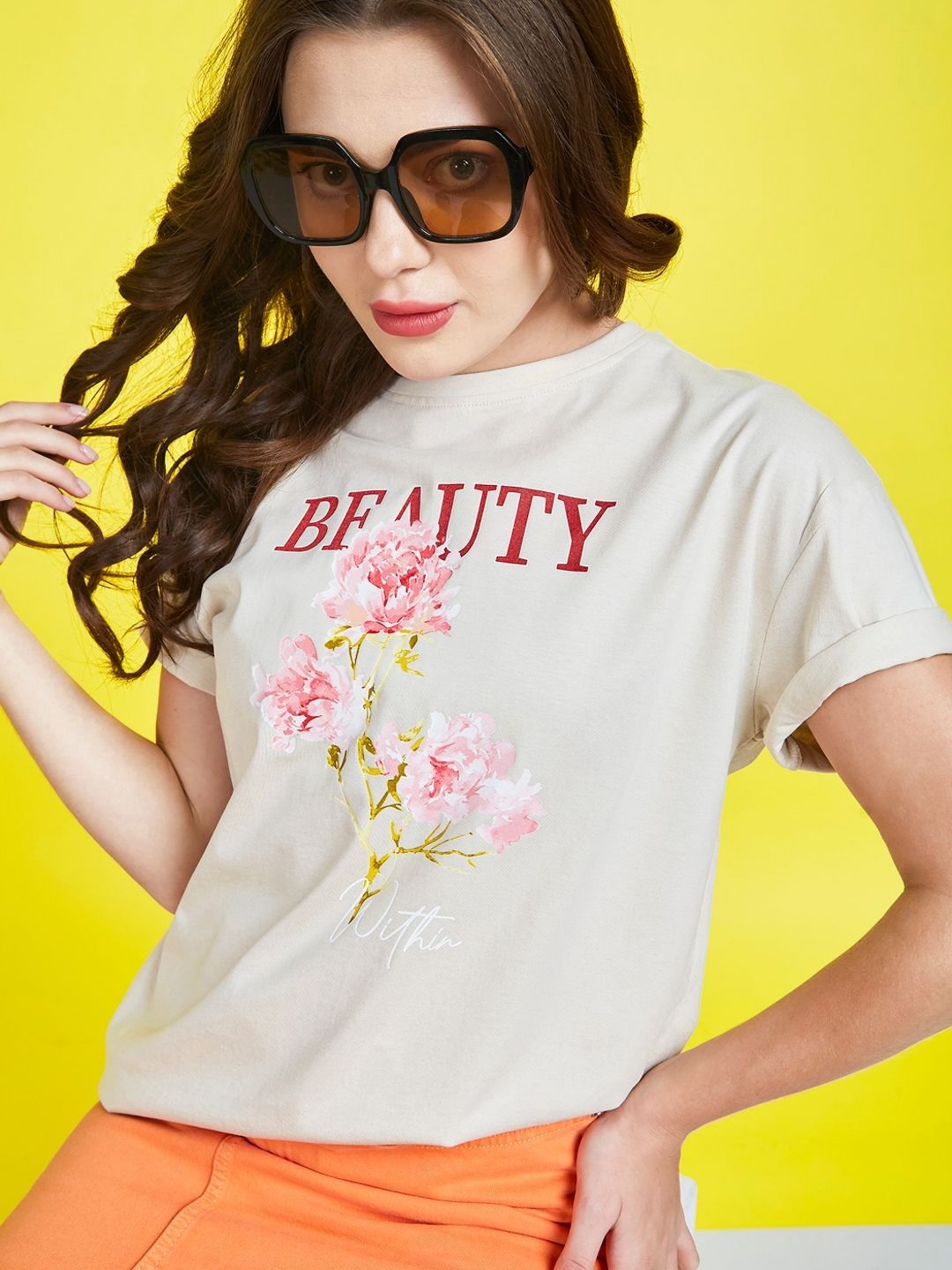 

Mast & Harbour Women Floral Printed Round Neck Cotton T-shirt, Cream