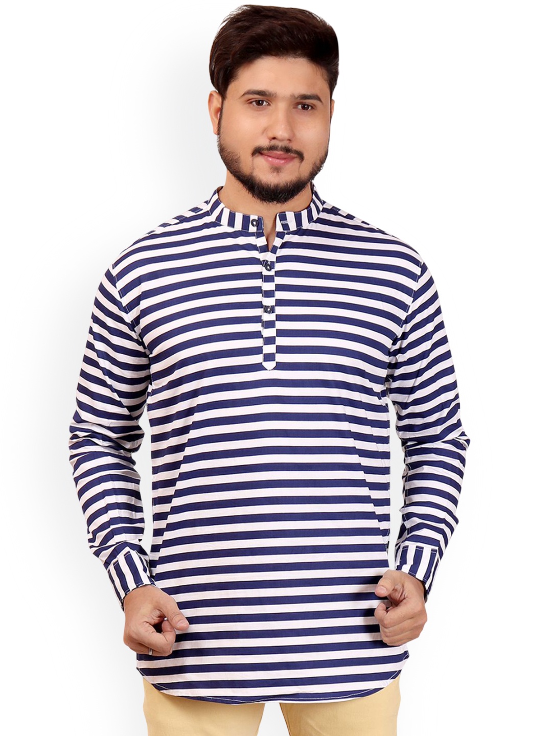 

MADE IN THE SHADE Striped Band Collar Pure Cotton Shirt, Blue