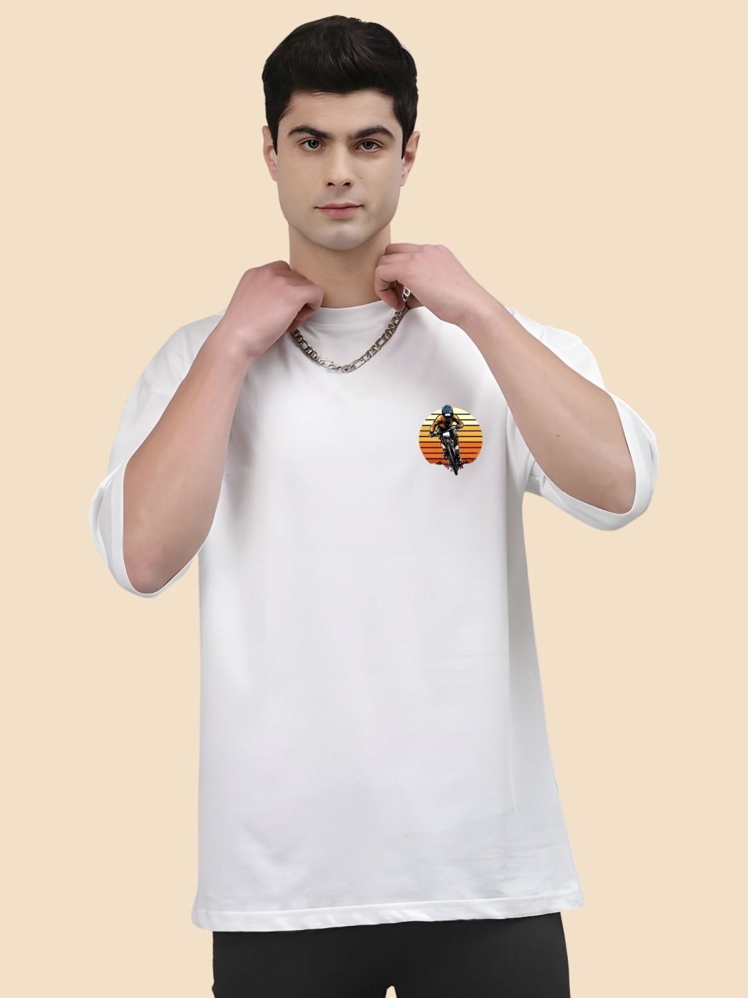 

SZN Men Graphic Printed Round Neck Cotton Oversized T-shirt, White