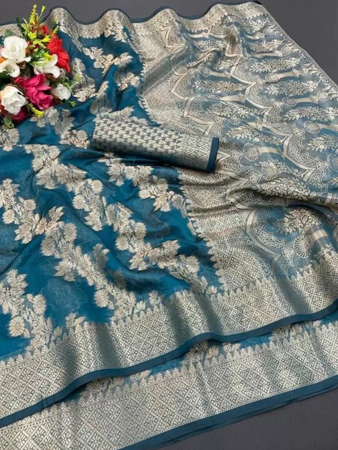 

Florence Woven Design Zari Pure Silk Kanjeevaram Saree, Teal