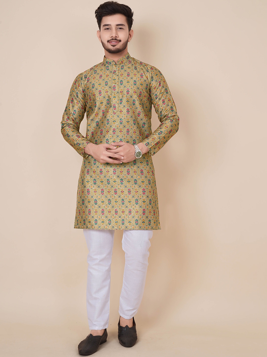 

ALMORA Ethnic Motifs Printed Band Collar Straight Pure Cotton Kurta with Pyjamas, Beige