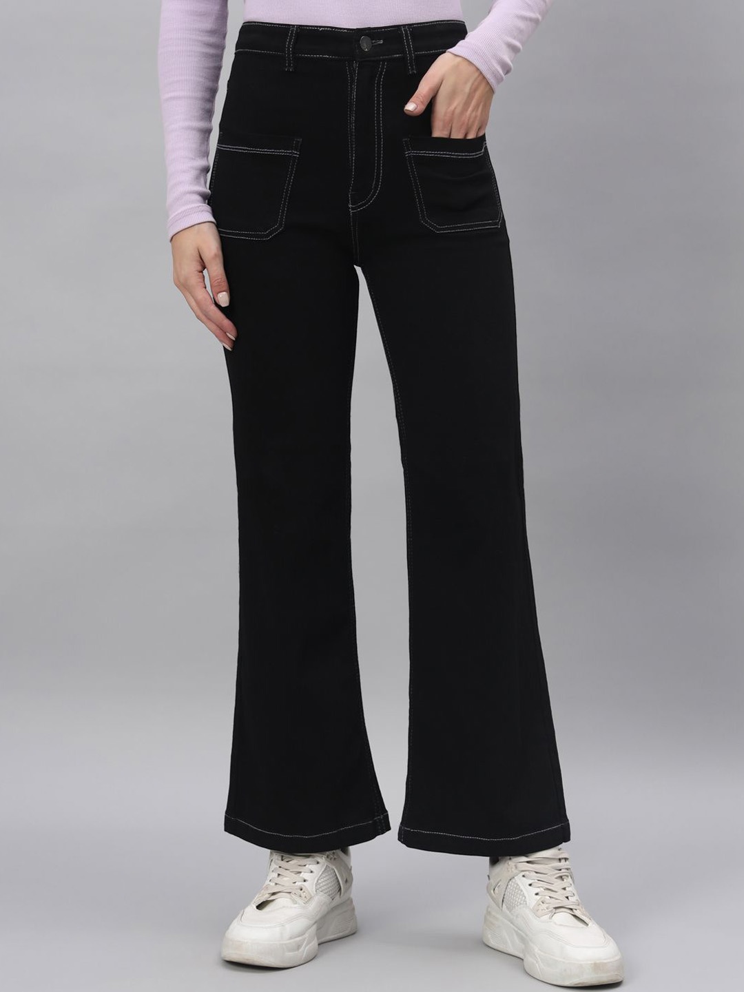 

Mast & Harbour Women Cotton Flared High-Rise Stretchable Jeans, Black