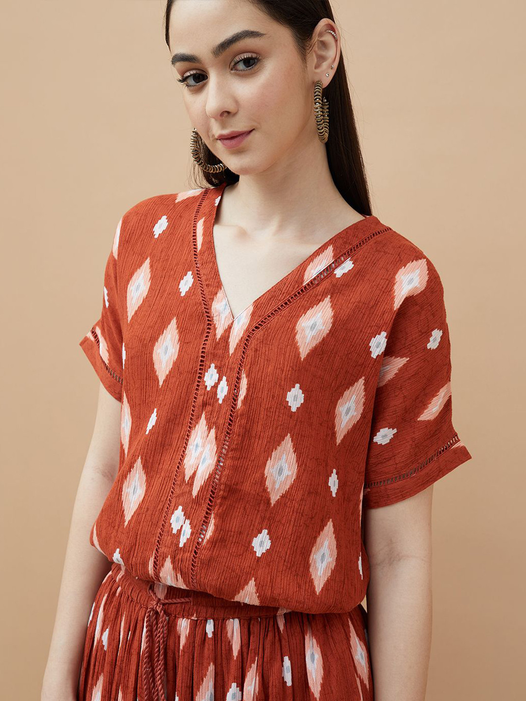 

Colour Me by Melange Animal Print Extended Sleeves Cotton Top, Rust