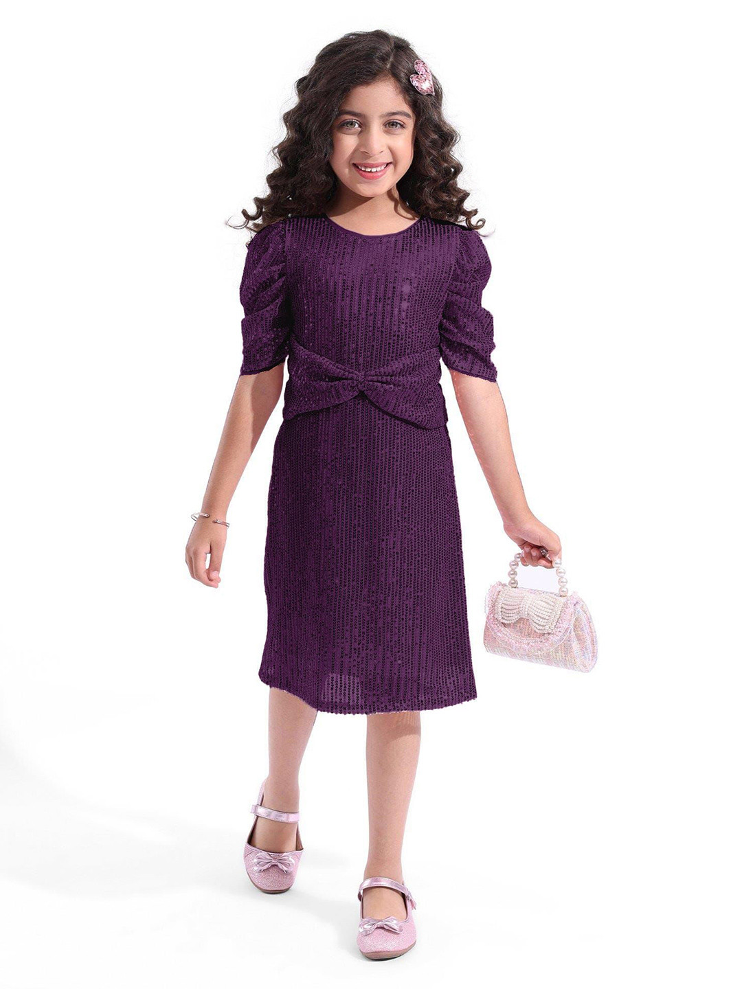 

Hola Bonita Girls Embellished Puff Sleeve Net A-Line Dress, Purple