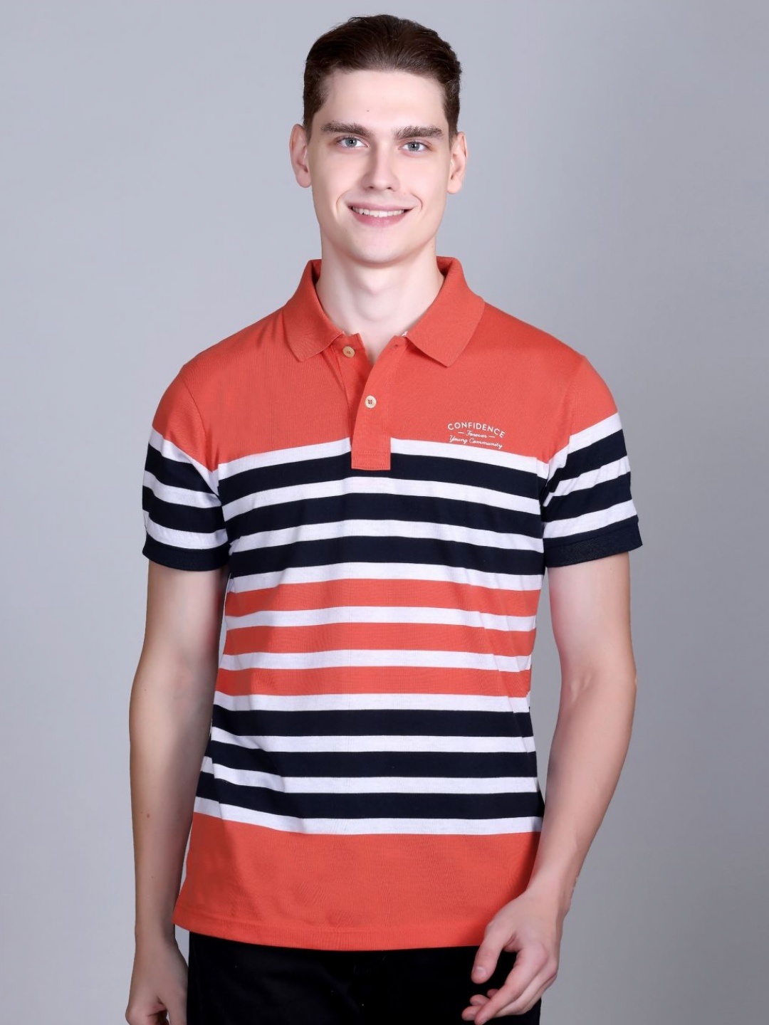 

CONFIDENCE Men Striped Polo Collar Cotton Slim Fit T-shirt, Orange