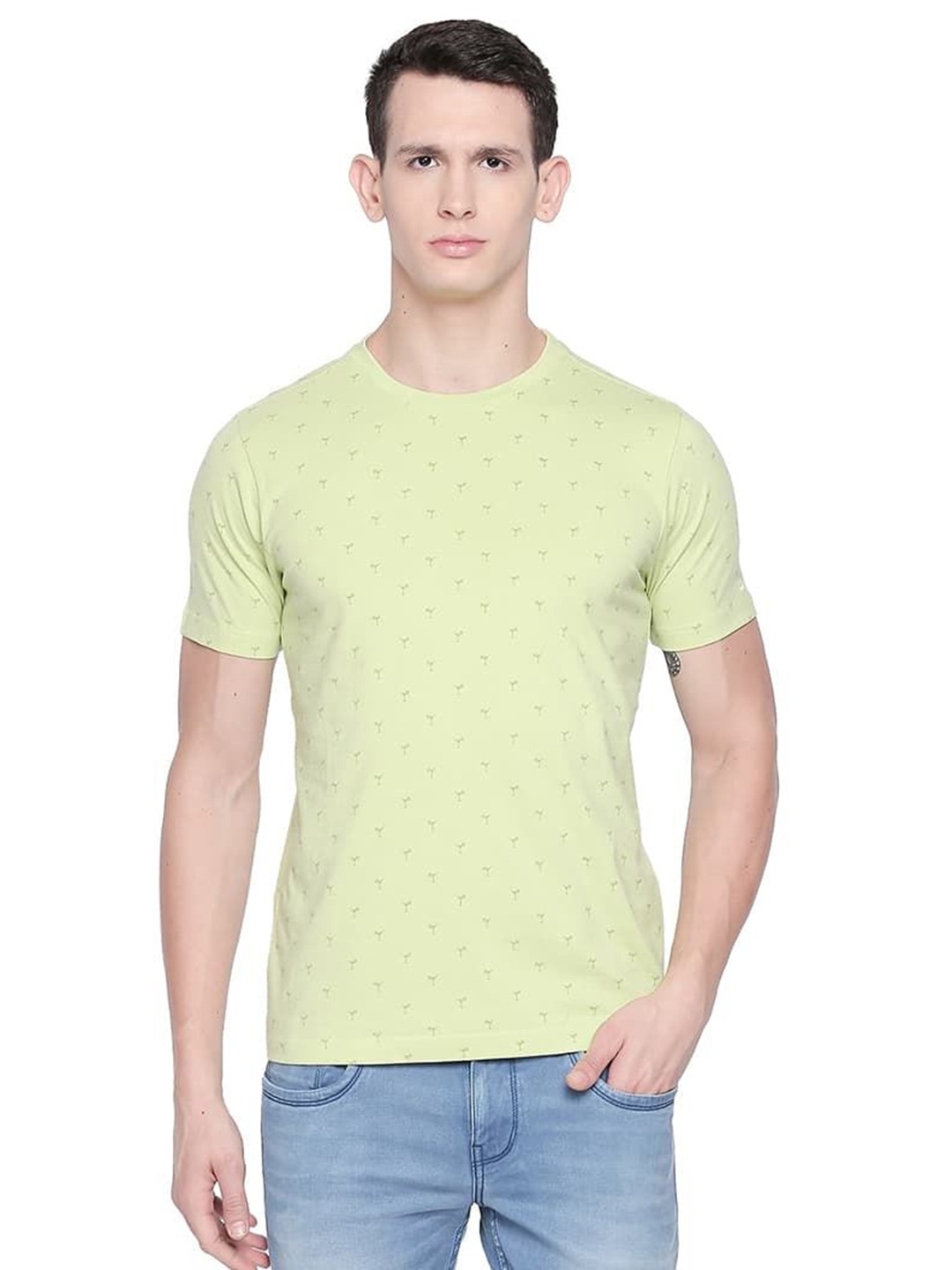 

Basics Men Conversational Printed Round Neck Cotton Boxy T-shirt, Green
