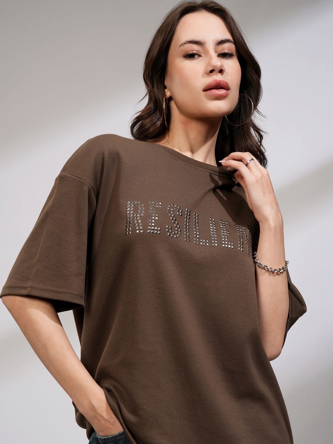 

Tokyo Talkies Women Solid Oversized Front Embelished T-shirt, Brown