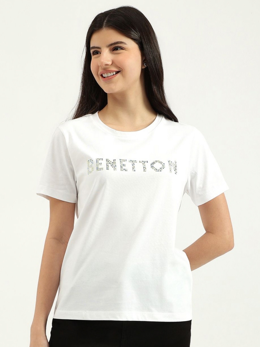 

United Colors of Benetton Women Typography Printed Round Neck Cotton T-shirt, White