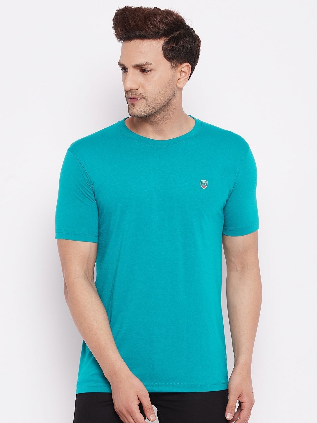 

LYCOS Men Solid Round Neck Cotton T-shirt, Turquoise blue