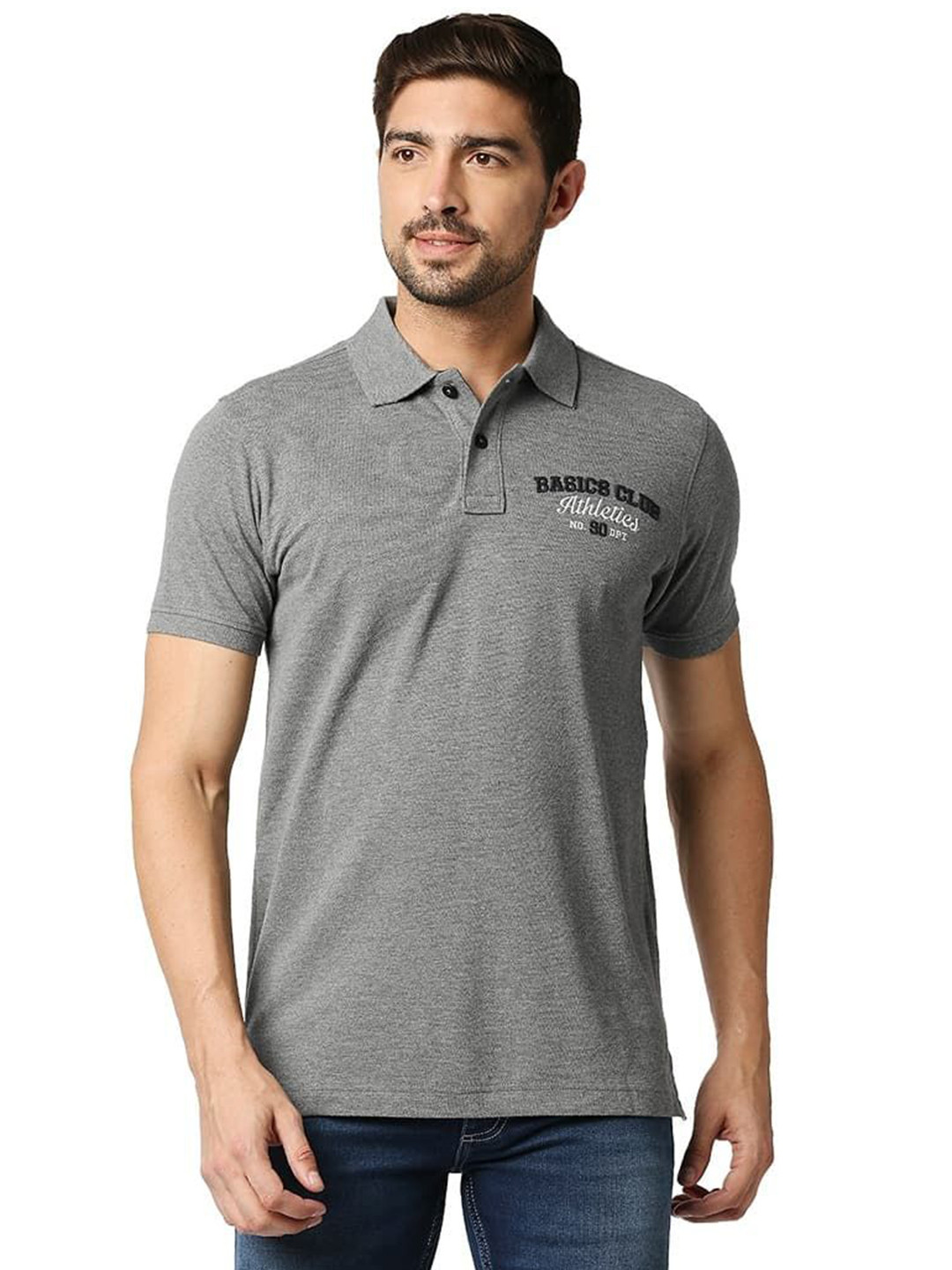 

Basics Men Typography Printed Polo Collar Cotton Boxy T-shirt, Grey