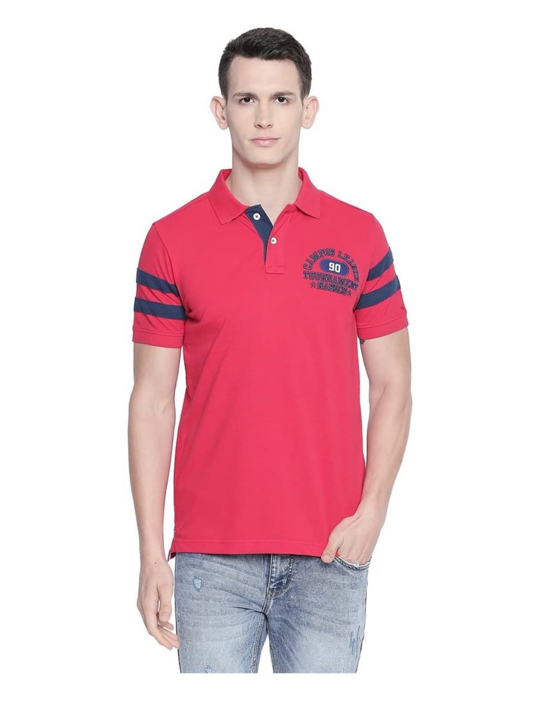

Basics Men Typography Printed Polo Collar Cotton T-shirt, Red