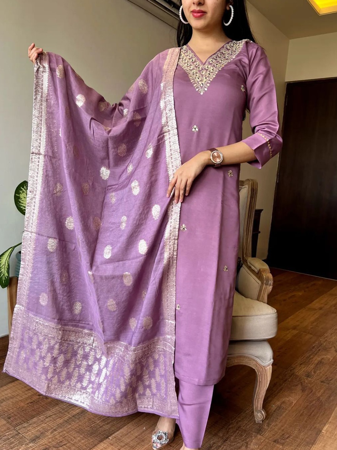 

KALINI Ethnic Motifs Embroidered V Neck Kurta With Trousers & Dupatta, Mauve