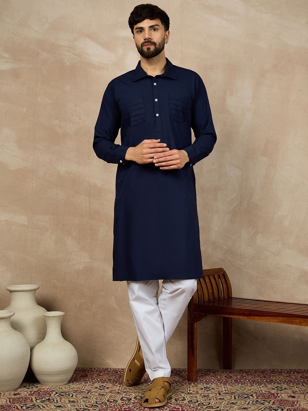 

NABIA Shirt Collar Straight Pure Cotton Kurta With Pyjamas, Blue
