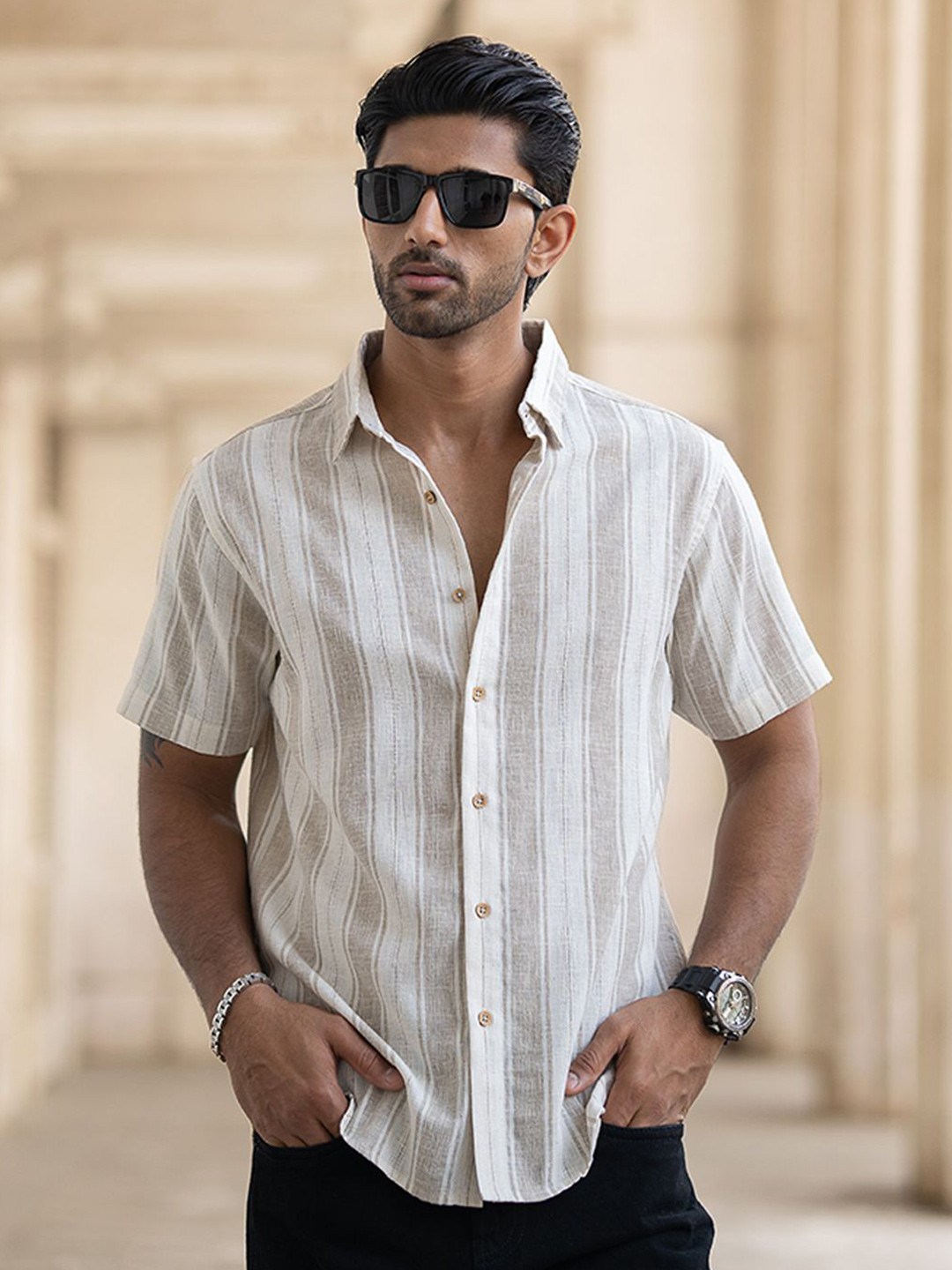 

Powerlook Men Opaque Striped Casual Shirt, Beige