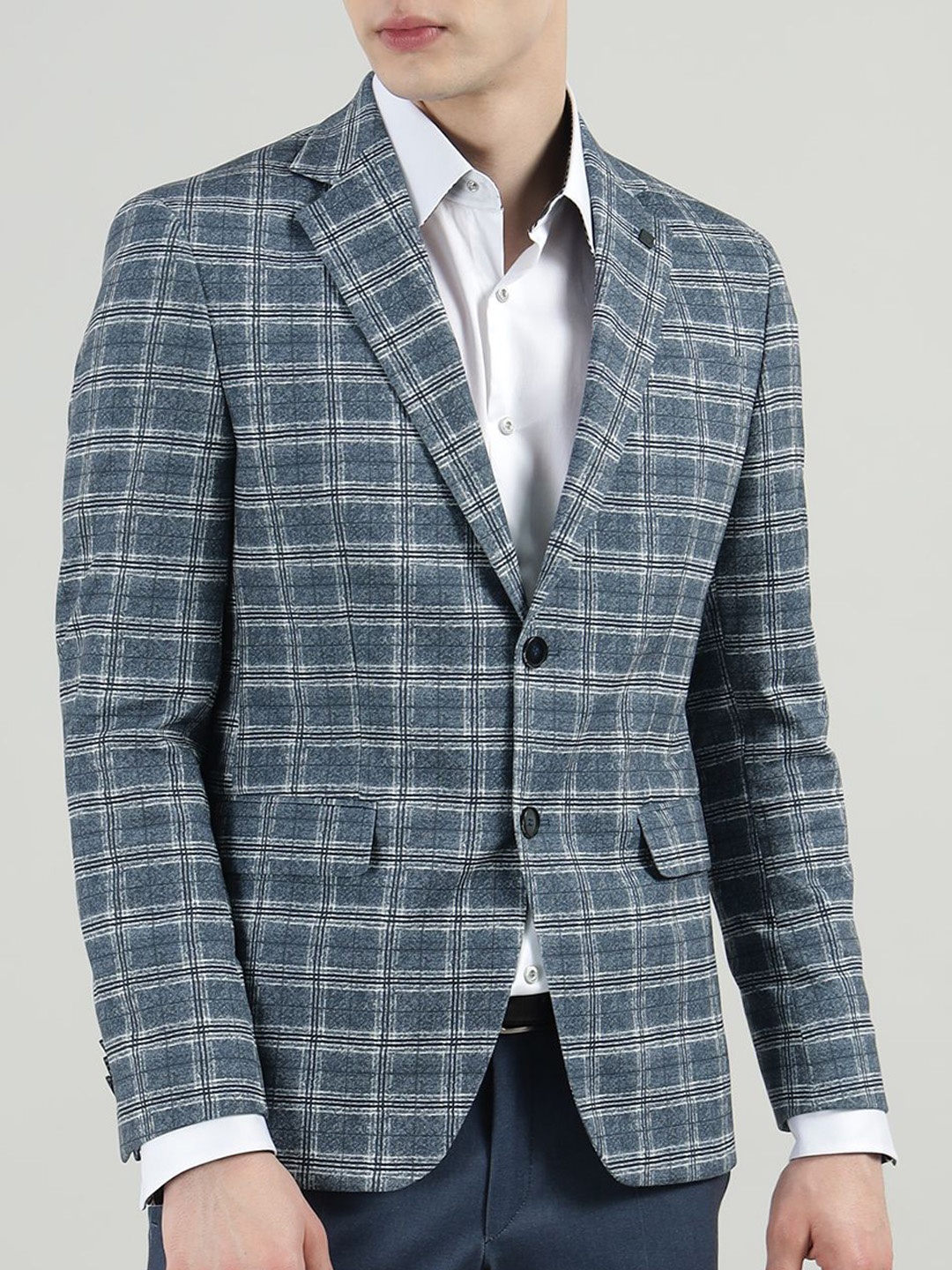 

Karl Lagerfeld Checked Notched Lapel Formal Single-Breasted Blazer, Blue