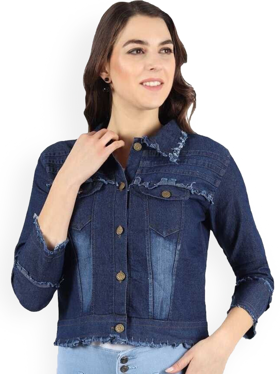 

KASHIAN Women Spread Collar Solid Casual Denim Jacket, Blue