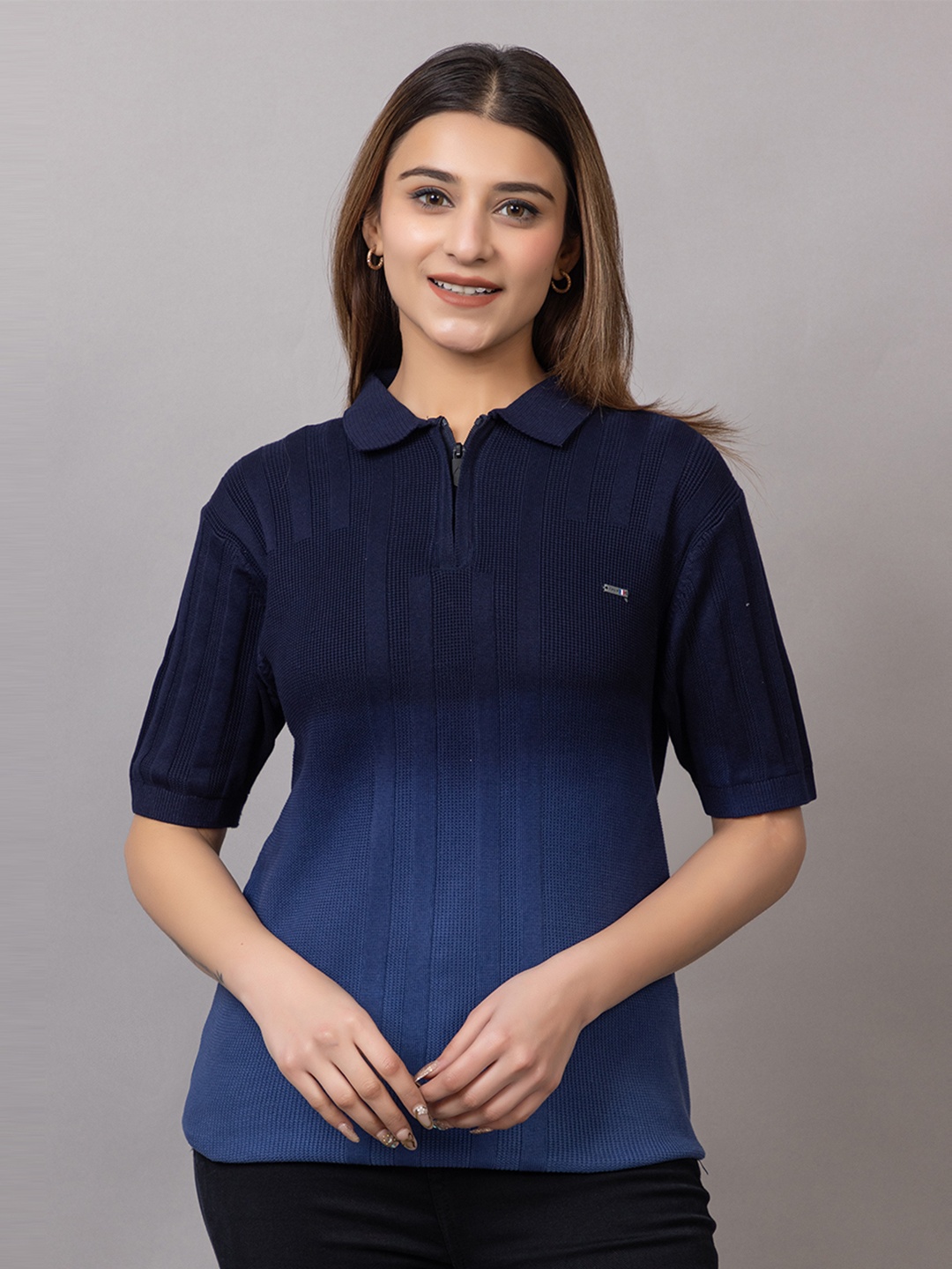 

Wool's Kart Women Dyed Polo Collar T-shirt, Navy blue