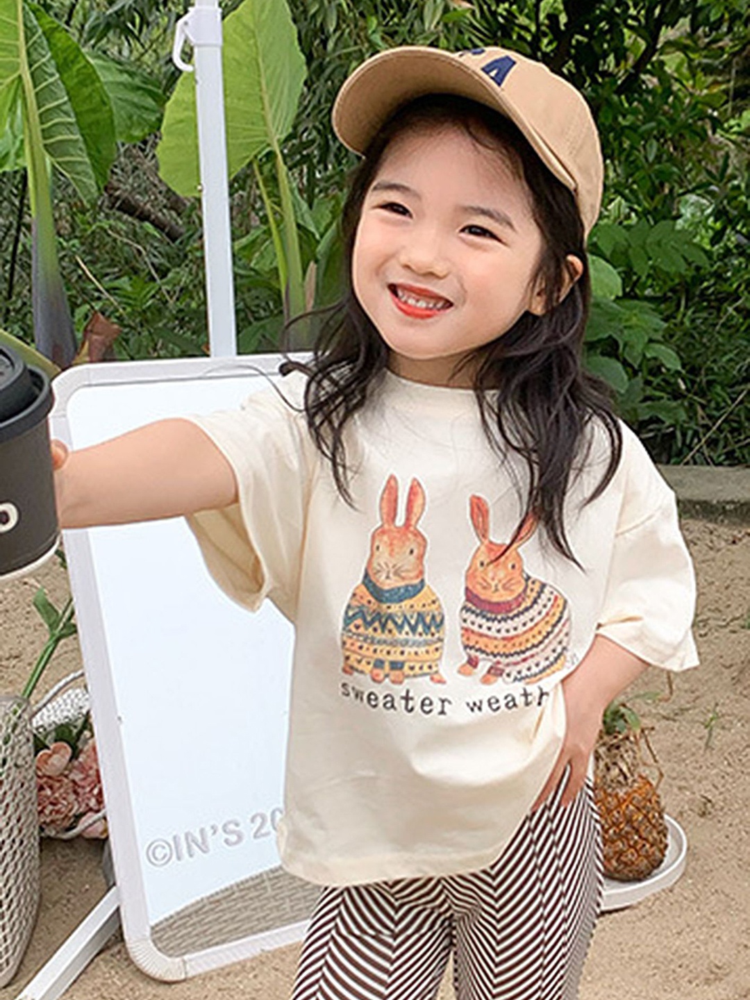 

LULU & SKY Girls Graphic Printed Round Neck Cotton Oversized T-shirt, Beige