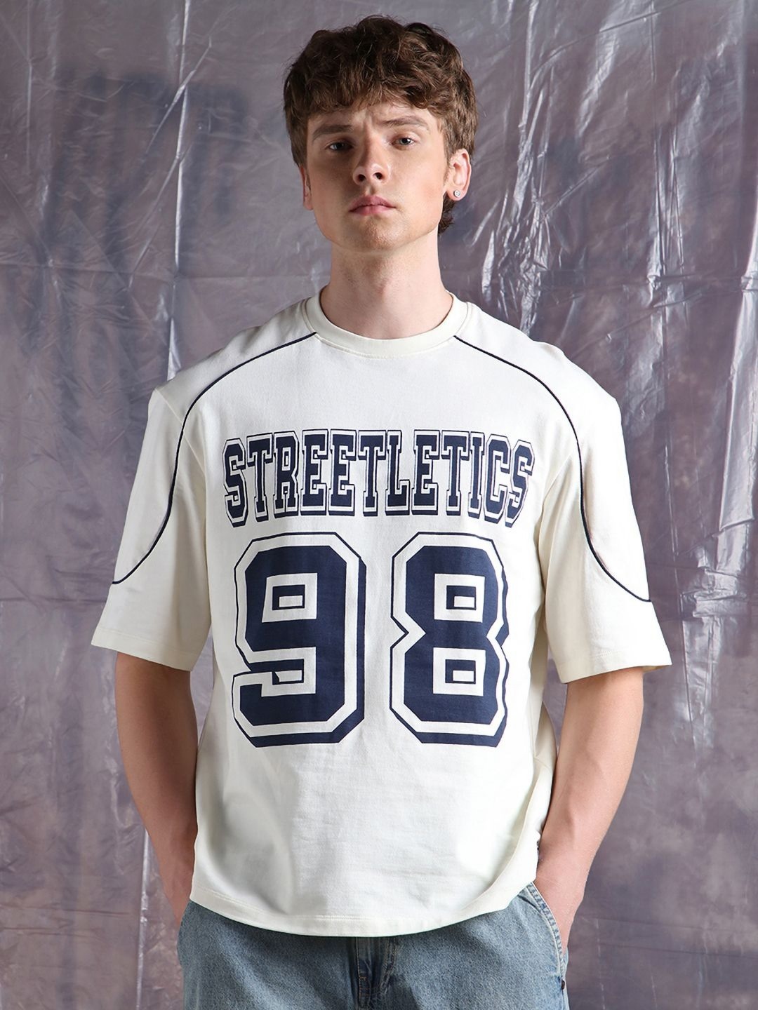 

Hubberholme Men Typography Streetletics Printed Round Neck Cotton Relaxed Fit T-shirt, Off white