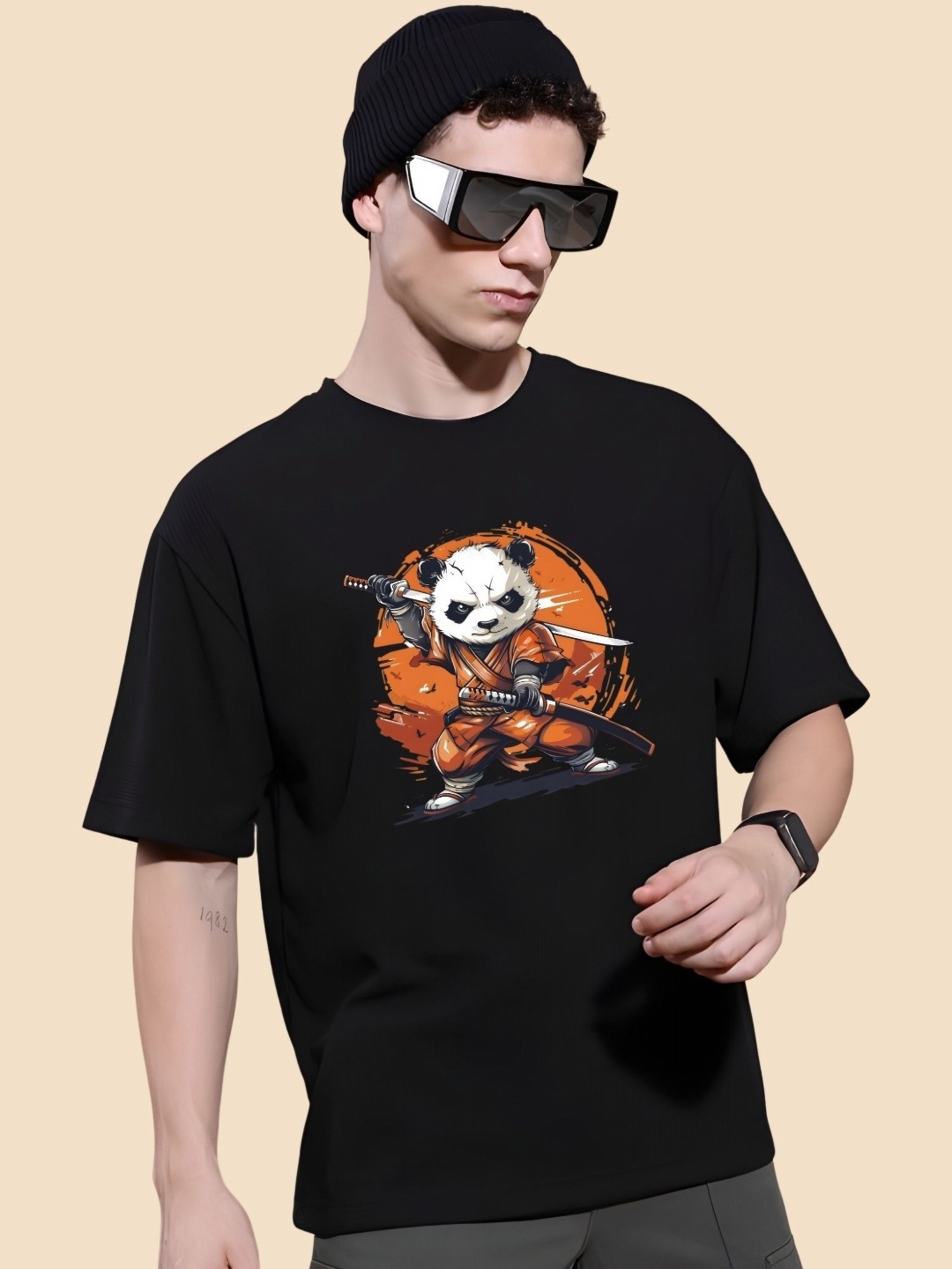 

SZN Men Graphic Printed Round Neck Cotton Oversized T-shirt, Black