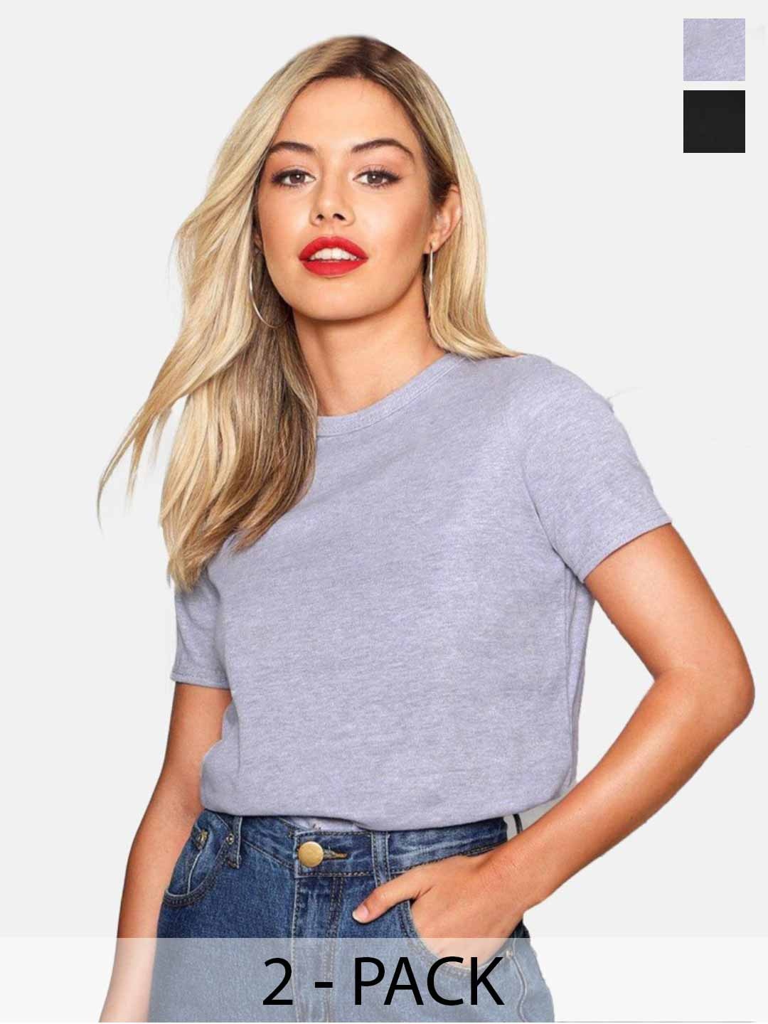 

DEEPMAYRA COLLECTION Women Pack Of 2 Solid Round Neck Cotton T-shirts, Grey