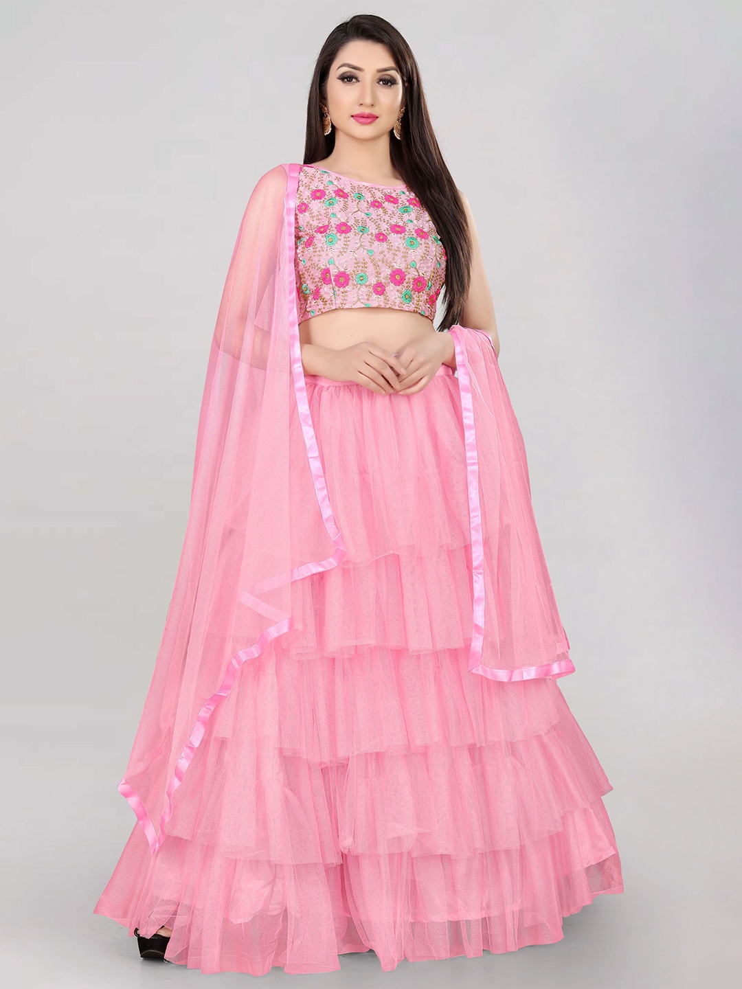 

DIVASTRI Floral Embroidered Thread Work Semi-Stitched Lehenga Choli, Pink