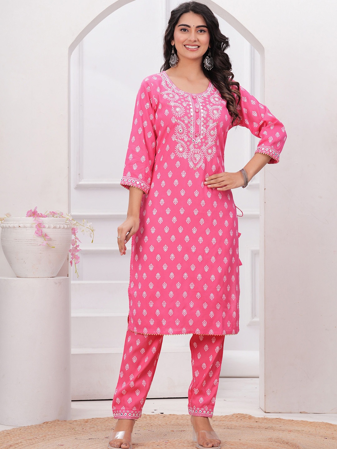 

VASUPRADA Floral Embroidered Round Neck Mirror Work Straight Kurta With Trousers, Pink