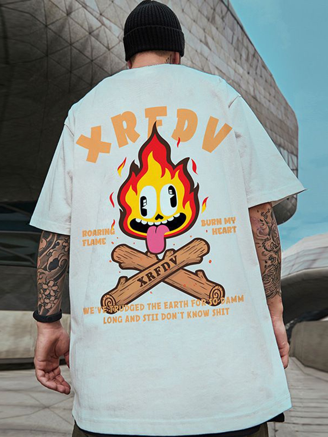 

HERE&NOW Men Graphic Printed Round Neck Oversized T-shirt, White