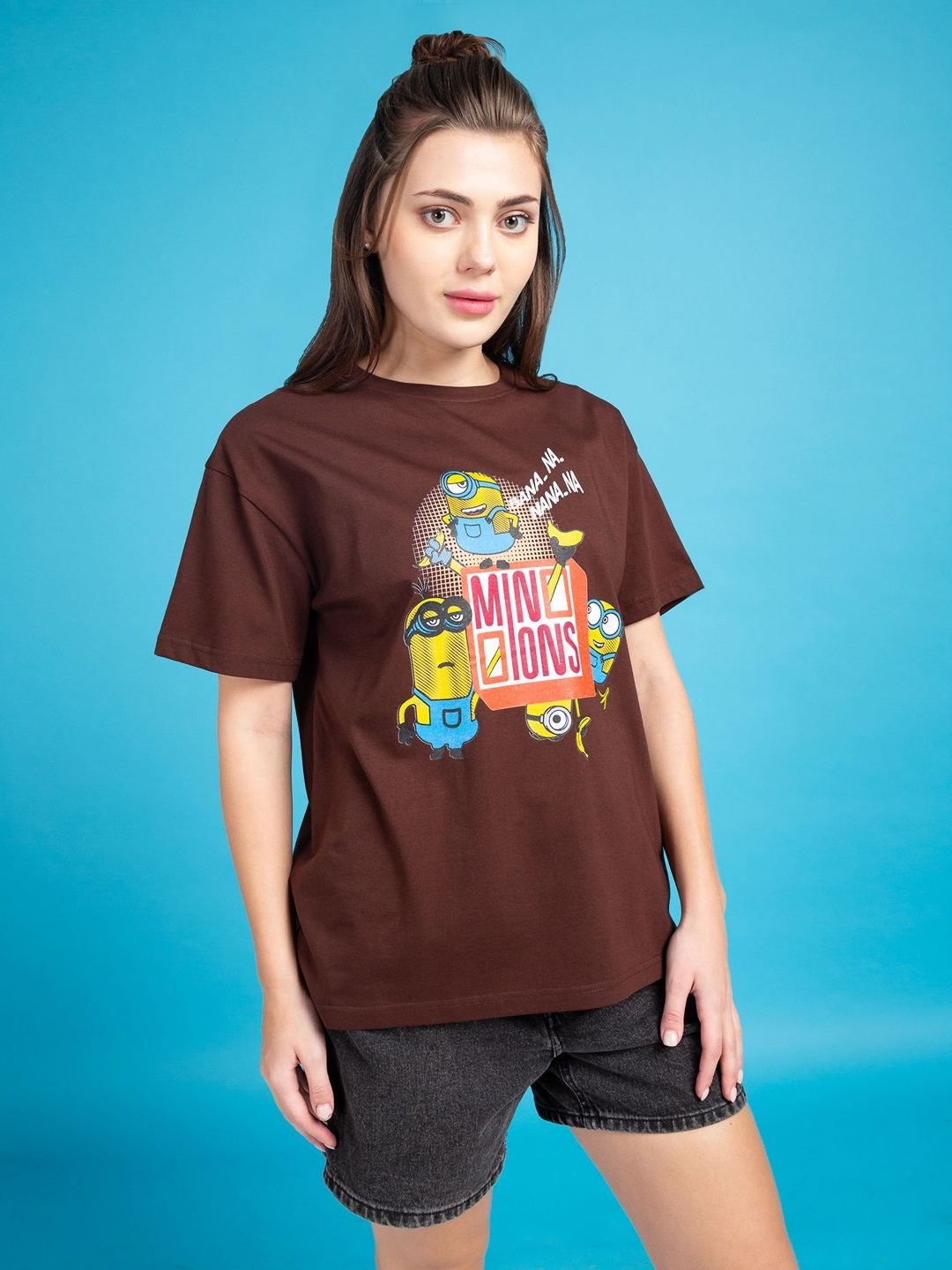 

Minions by Kook N Keech Women Minions Graphic Printed Round Neck Cotton T-shirt, Coffee brown