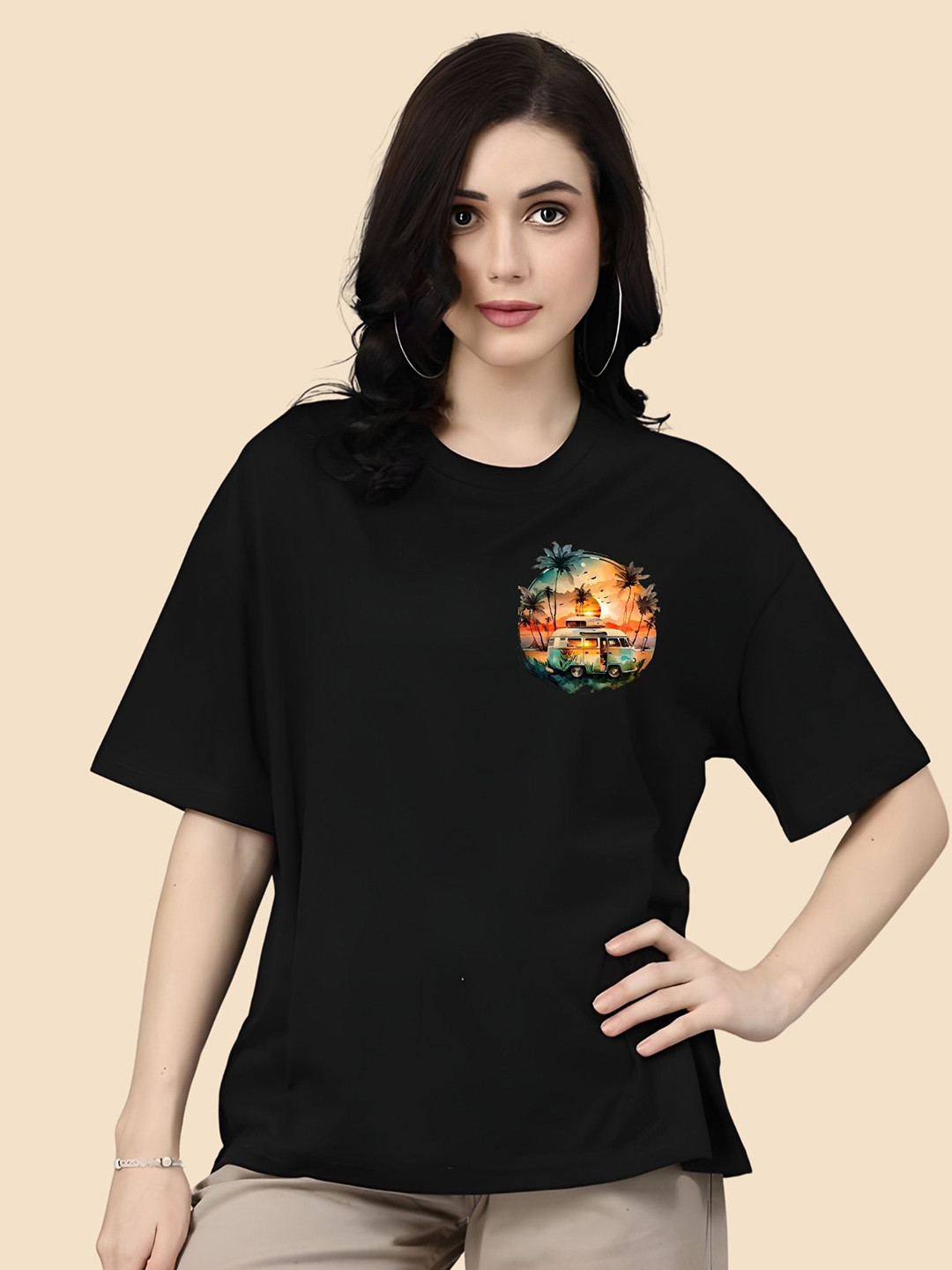 

SZN Women Graphic Printed Round Neck Cotton Oversized T-shirt, Black