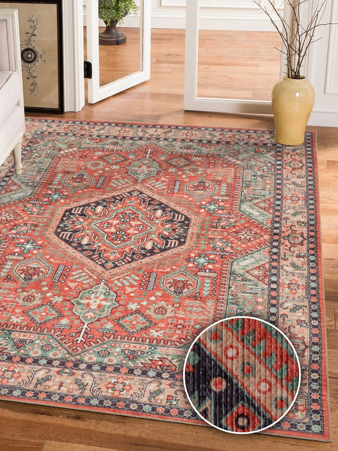 

Kaleen India Red & Green Ethnic Motifs Printed Traditional Rectangle Anti-Skid Carpet