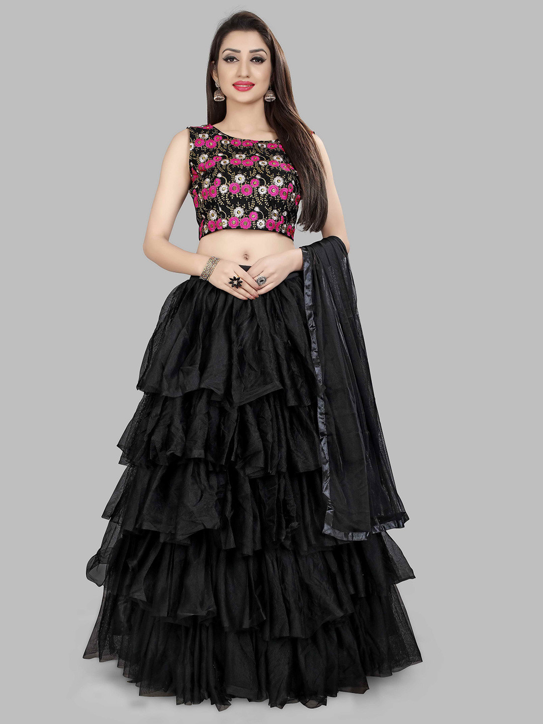 

DIVASTRI Floral Embroidered Thread Work Semi-Stitched Lehenga Choli With Dupatta, Black