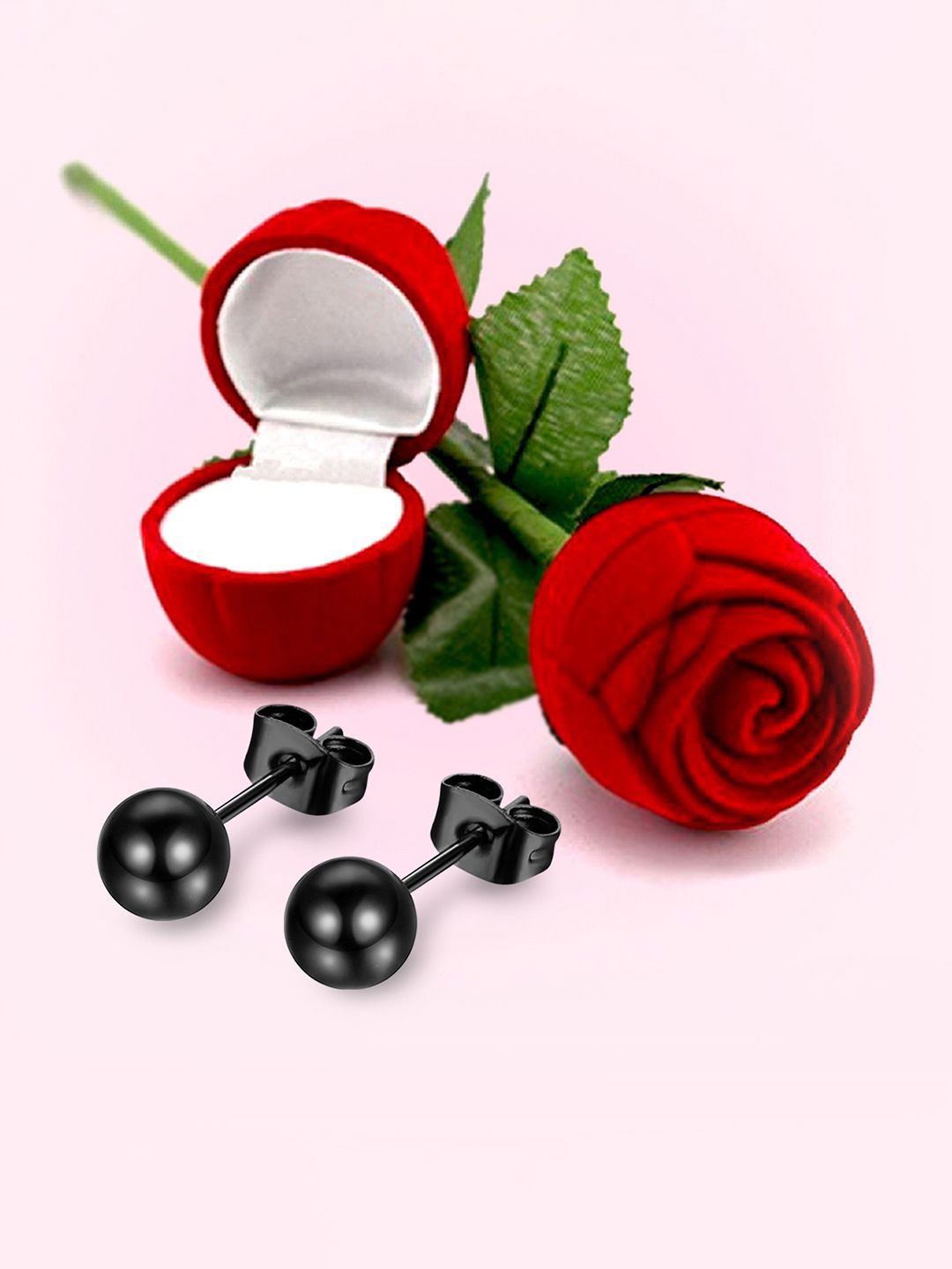 

Peora Men Stainless Steel Spherical Shaped Studs With Red Rose Jewellery Box, Black
