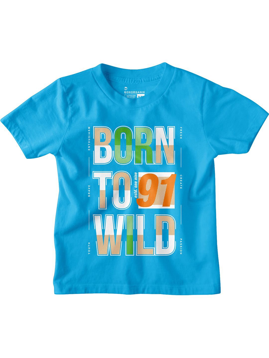 

BonOrganik Boys Typography Printed V-Neck Applique T-shirt, Turquoise blue