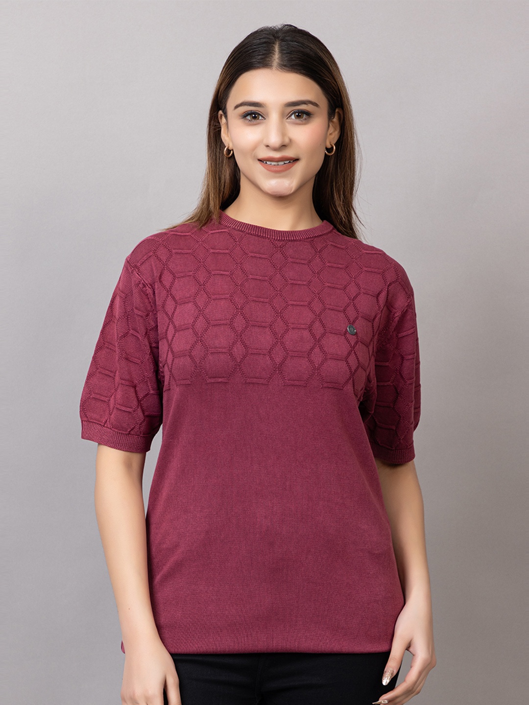 

Wool's Kart Women Self Design Round Neck T-shirt, Purple