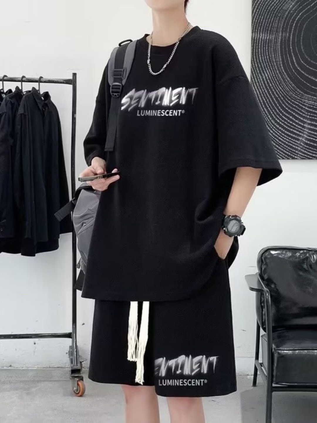 

StyleCast Printed Round Neck T-Shirt With Shorts, Black
