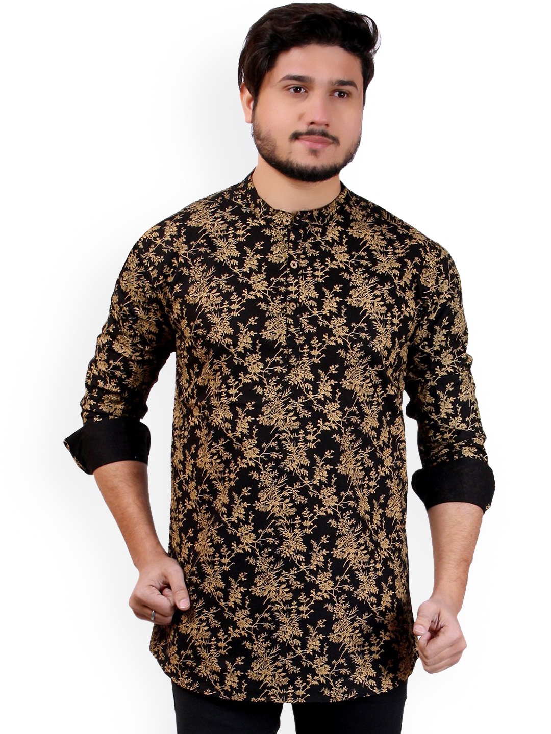 

MADE IN THE SHADE Floral Printed Band Collar Cotton Straight Short Kurta, Black