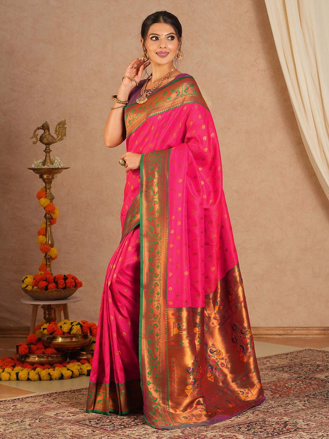 

Anouk Woven Design Zari Silk Blend Paithani Saree, Pink