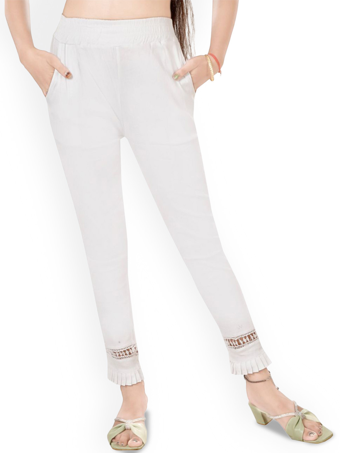 

Fessist Women Relaxed Slim Fit Easy Wash Mid-Rise Pleated Trousers, White