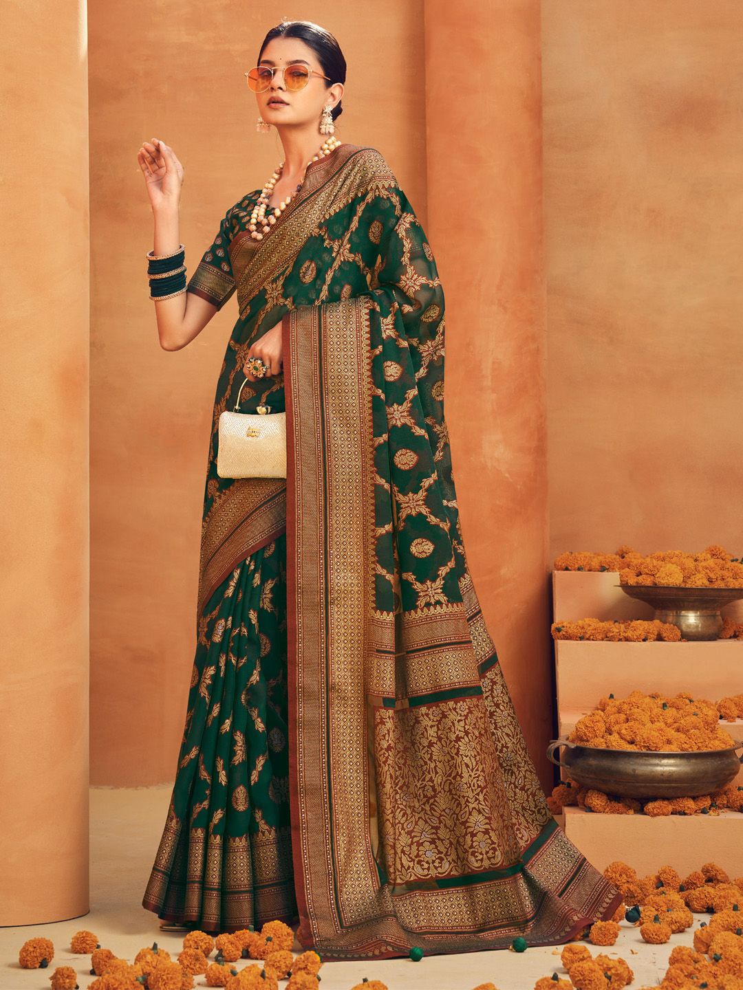 

Anouk Woven Design Zari Poly Georgette Saree, Green