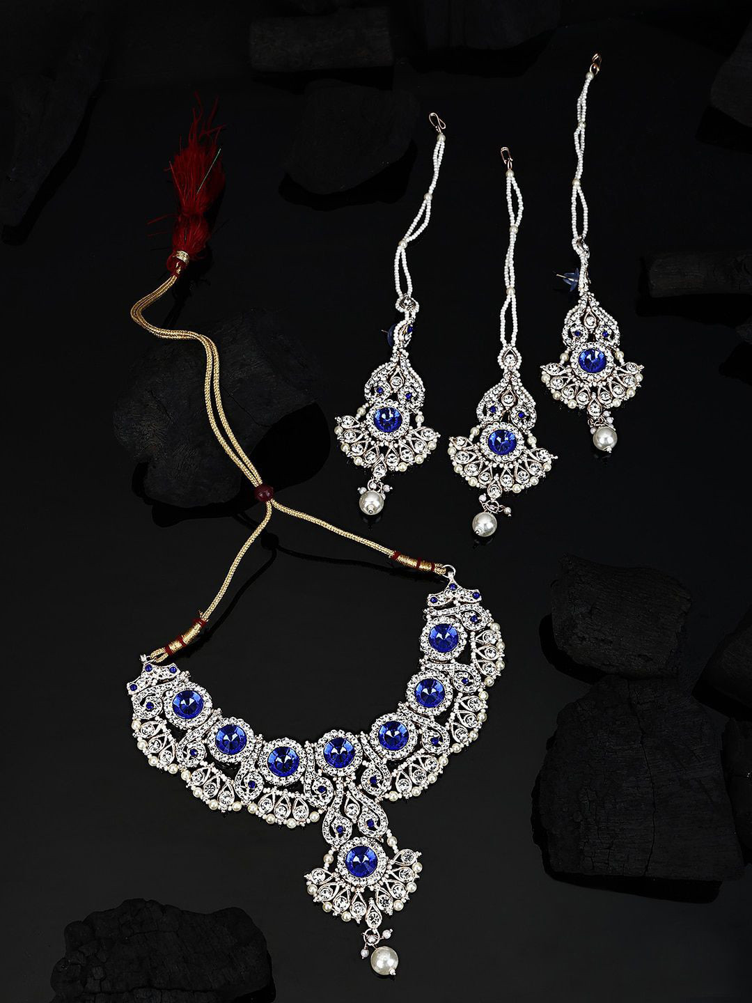 

Anouk Elegance Silver-Plated Artificial Stones Studded & Beaded Jewellery Set, Blue