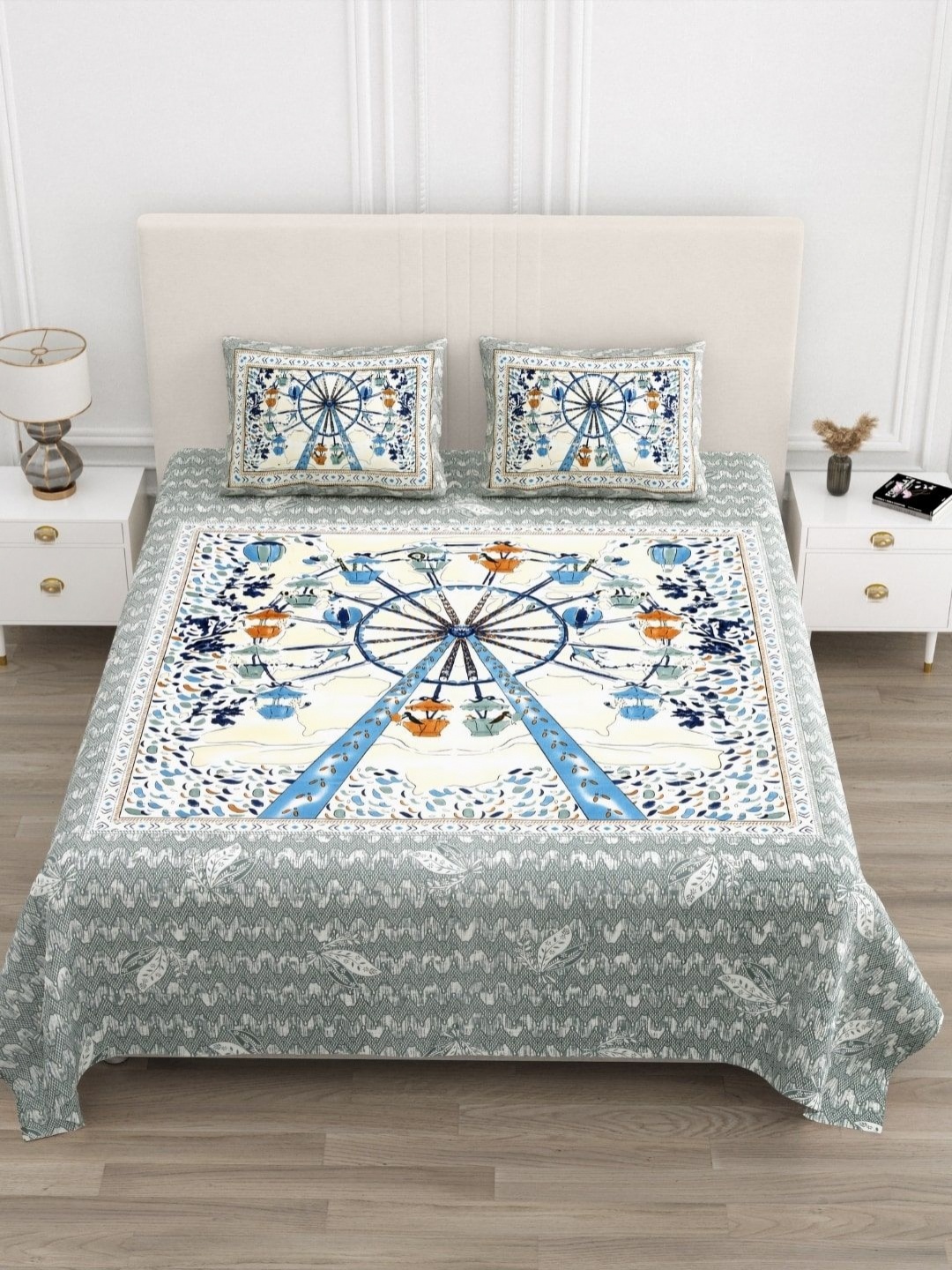

JAIPUR FABRIC Olive Green & Beige Floral 210 TC King Bedsheet with 2 Pillow Covers