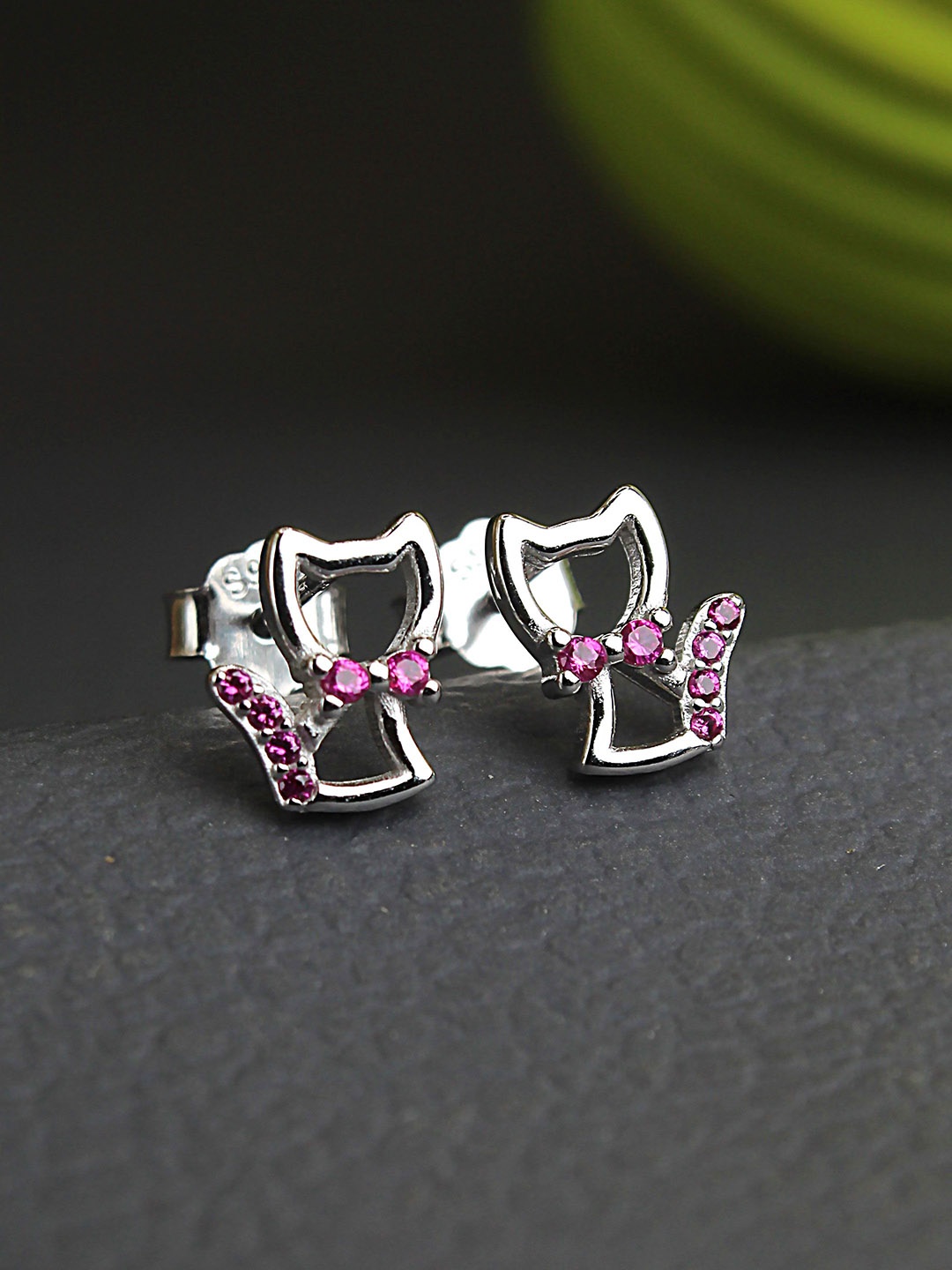 

DEVASHREE 925 Sterling Silver Rhodium-Plated Ruby Cubic Zirconia Studded Cat Shaped Studs, Red